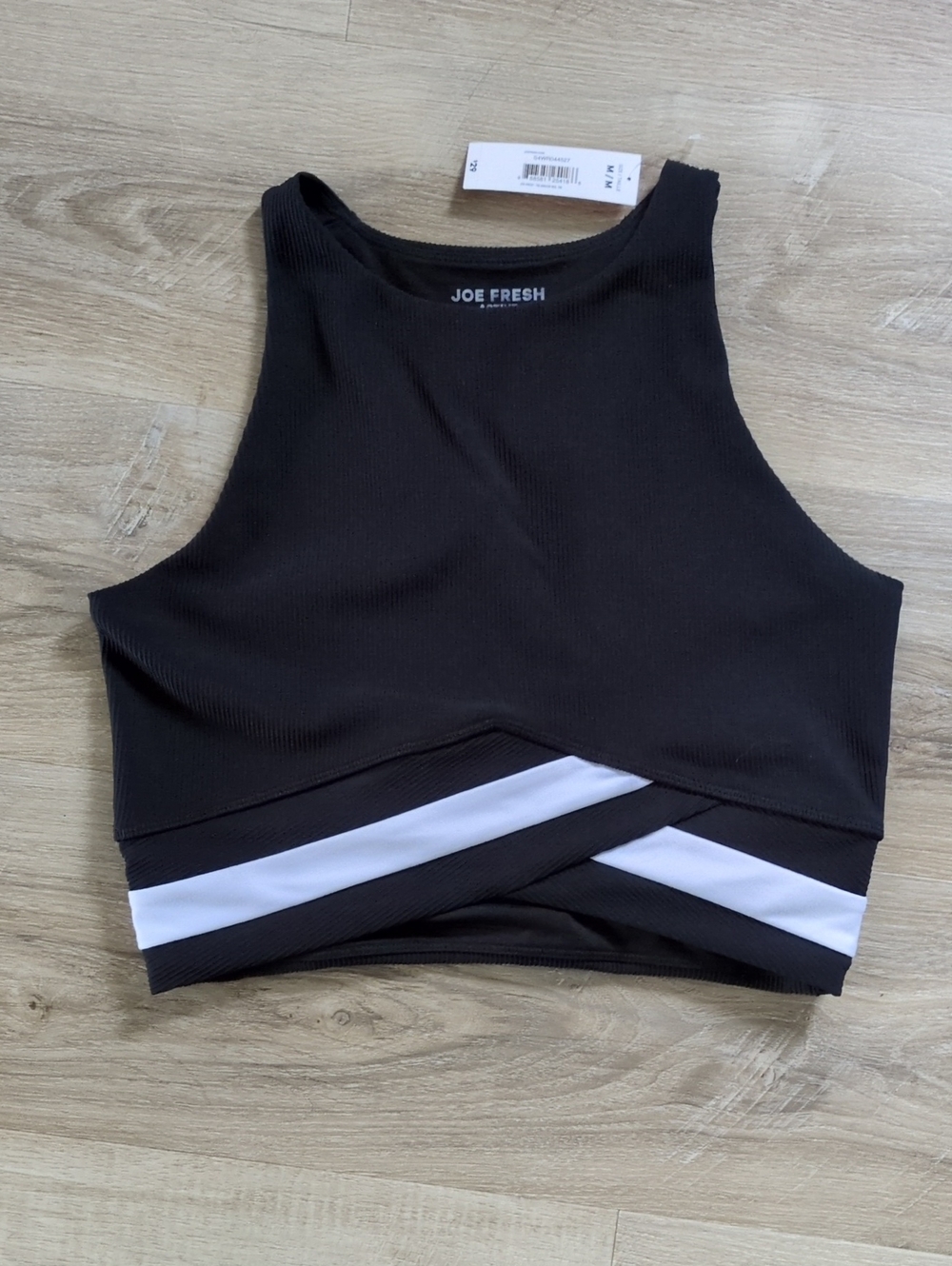 Joe Fresh Black Crop Tank with White Diagonal Bands